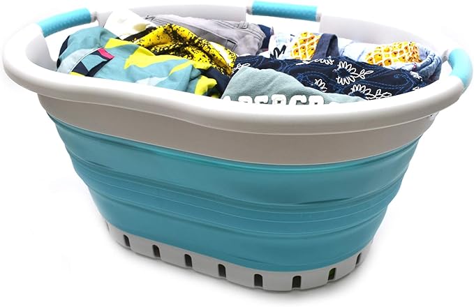 SAMMART 36L (9.5 gallon) Collapsible 3 Handled Plastic Laundry Basket-Foldable Pop Up Storage Container/Organizer-Space Saving Basket (3 handled Oval, Grey/Bright Blue)