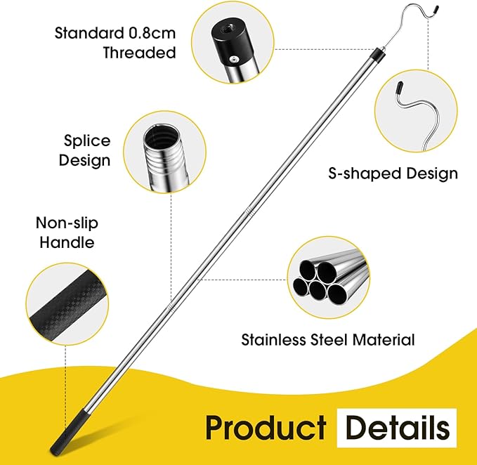 Clothes Hook Pole, Extendable from 35" to 50" Stainless Steel Closet Pole Reacher with S-Shaped Hook for Hanging Clothes, Plants, Lights