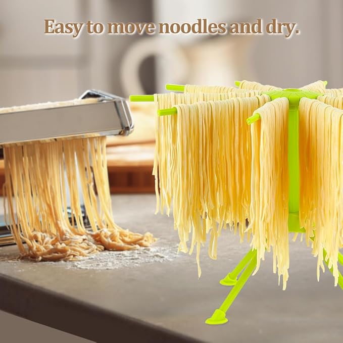 Ourokhome Collapsible Pasta Drying Rack, Plastic Foldable Homemade Fresh Spaghetti Stand Dryer Noodle Hanger for Kitchen with 10 Arms, Stable, Easy Storage, Quickly Set Up (Green)