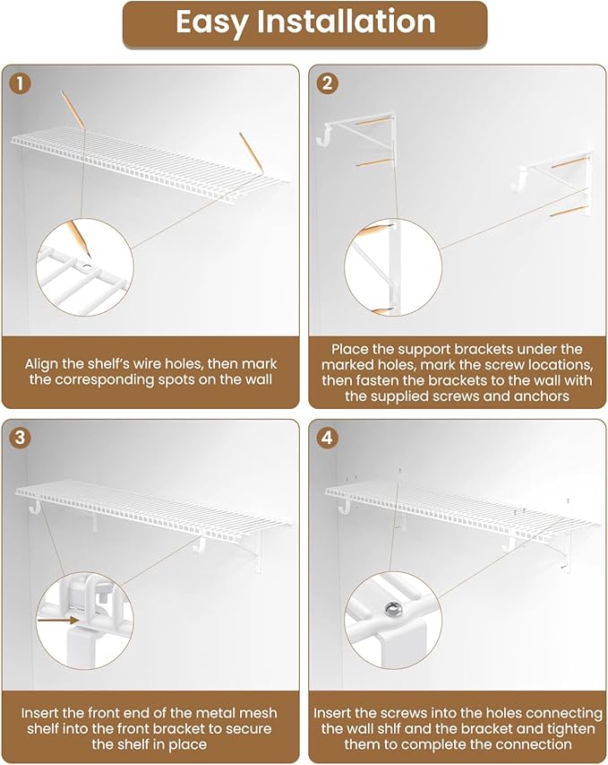 Supforce 2 Pack Closet Shelves with Triangular Brackets and Hanging Rod, 4FT X 12IN Wall Mounted Wire Shelving Orgnizer for Closet,Laundry Room,Pantry,Load Up to 150lb, White