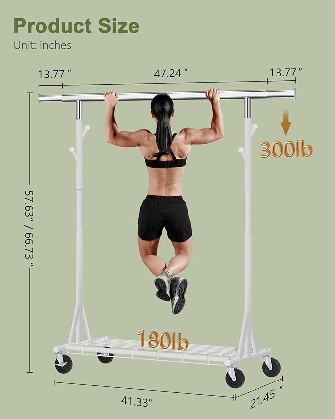 Hoctieon 1-Minute Assembly Clothes Rack, 480 lbs Heavy Duty Rolling Clothing Racks with Wheels, Foldable Garment Rack, Extendable Hanging Bar, Adjustable Metal Pole with Hooks, White