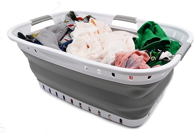 SAMMART 44L Collapsible Plastic Laundry Basket - Foldable Pop Up Storage Container/Organizer - Portable Hamper - Space Saving (1, White/Grey), Size: 25.4 x 17.3 x 10.2 inches