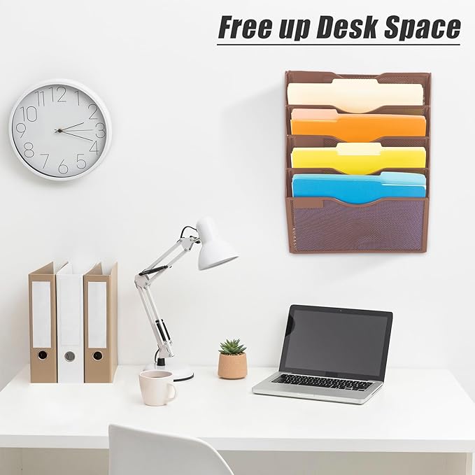 EASEPRES 5 Pocket Mesh Hanging Wall File Organizer, Wall Mounted Mail Paper Document Folder Holder, Clipboard Storage Organization Magazine Rack with Nametag Label for Office Home School, Brown