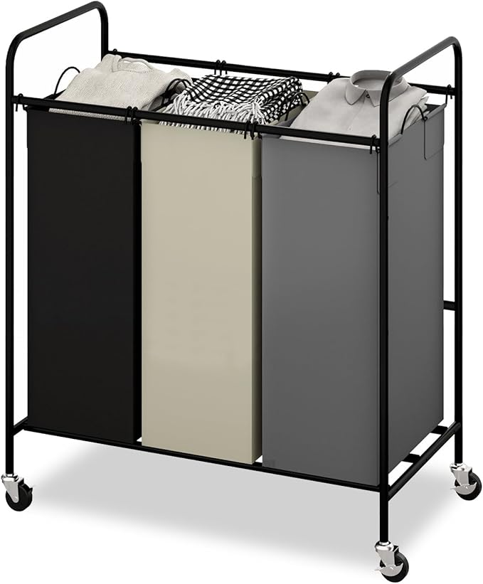 3 Section Laundry Hamper, 120L Large Rolling Laundry Sorter Cart, Laundry Basket with Lockable Wheels & Removable Bags, Laundry Room Organization for Dirty Clothes Storage