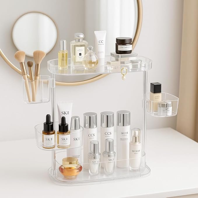 Clear Acrylic Makeup Organizer, Multi-Tier Cosmetic Storage Rack with Side Containers, Large Capacity Skincare Holder for Bathroom Counter, Vanity & Desk