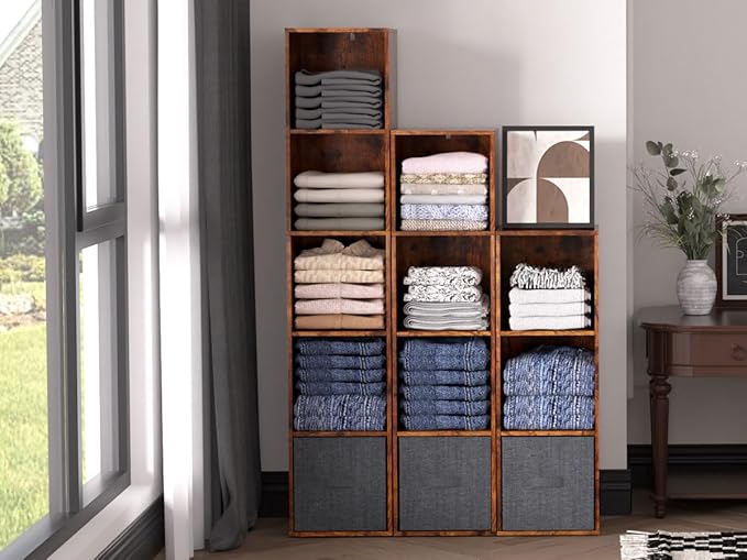 Cube Storage Organizer, 5 Cube Retro Bookshelf, Freestanding 5 Tier Open Shelf, Rustic Brown Retro Shelves for Home Office, Bedroom, Living Room, Study