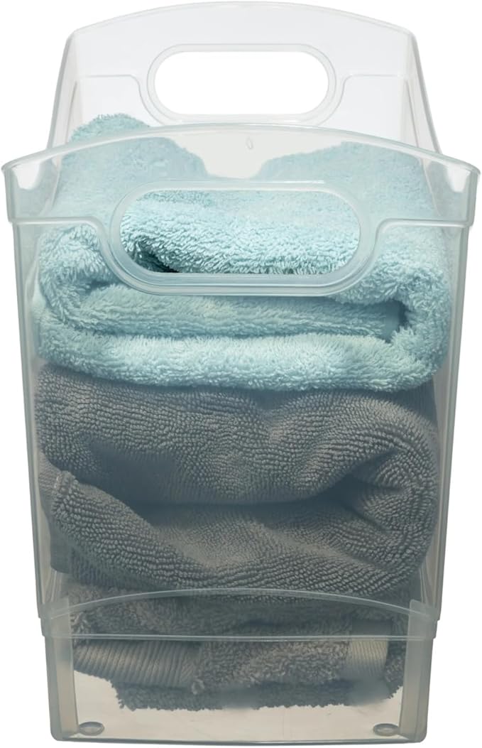 Plastic Utility Storage Bin 12 Qt Narrow Rectangle with Carrying Handles, Clear
