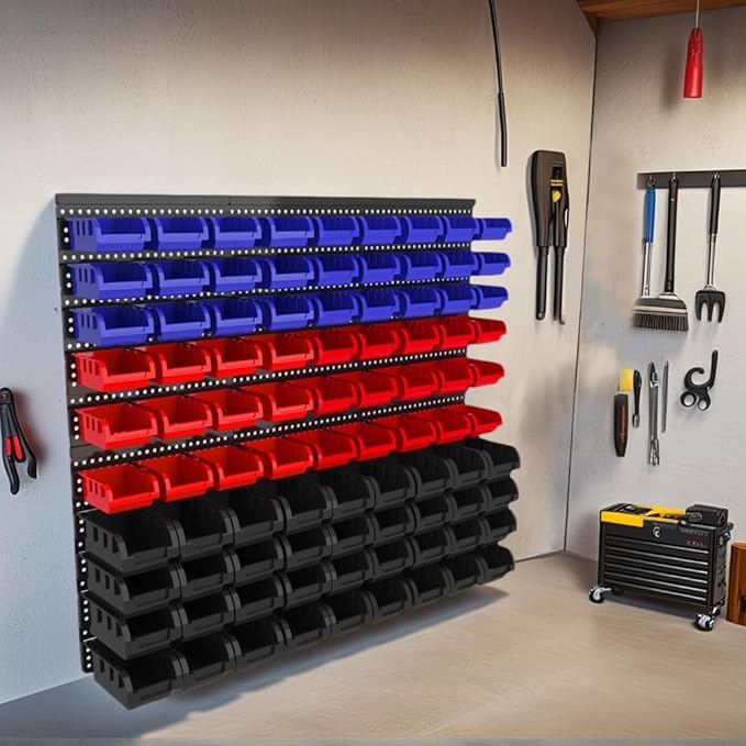 Wall Mounted Storage Bins, Nut and Bolt Organizer, Plastic Bolt Bin, Screw Organizer, Storage Bins for Garage (RED+BLUE+BLACK, EXTRA LARGE(90PCS))