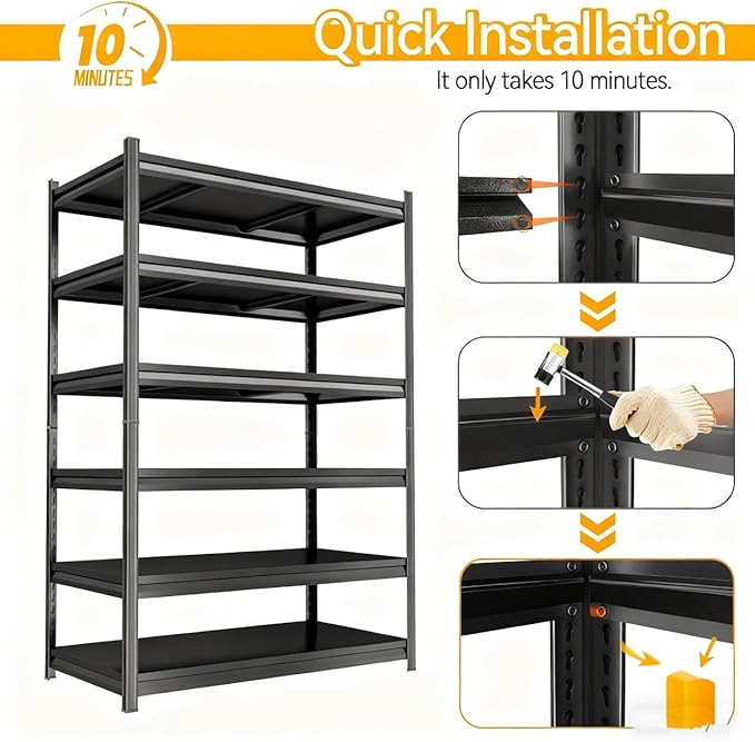 6 Tier Garage Shelving 46" W Storage Shelves Organizer 78" H Heavy Duty Garage Storage Shelves Large Utility Shelf for Commercial, Basement, Industrial, Pantry, Kitchen, Black