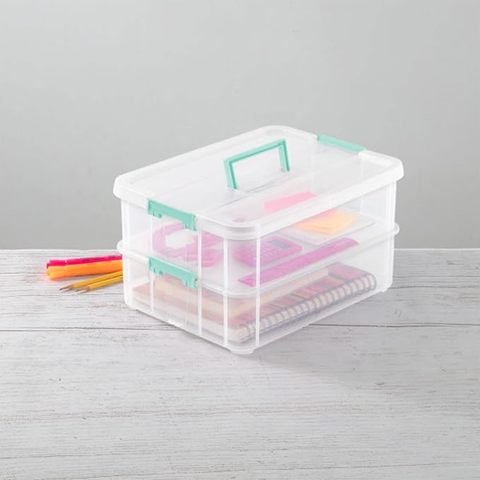 Sterilite 16-Pack Stack & Carry, 2 Layer Handle Box for Home & Office Storage - Clear Base & Lid with Color Latches, Organizer for Art & Craft Supplies, Sewing Tools or 8.5" x 11" Paper