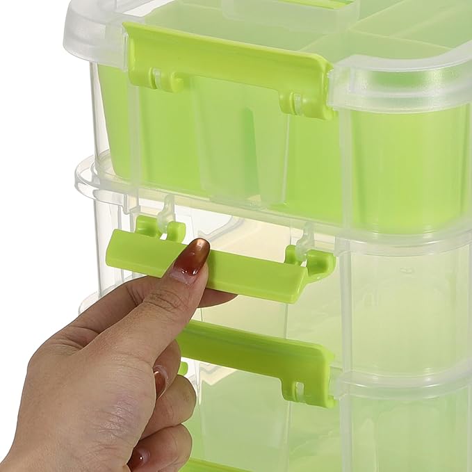 JUXYES 2 Pack 3-Tiers Stack Carry Storage Box With Divided Tray, Transparent Stackable Storage Bin With Handle Lid Latching Storage Container for School & Office Supplies, Green