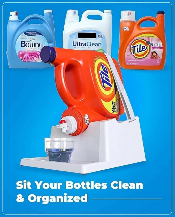TidyFriend 2 Pack Liquid Laundry Detergent Holder Stand with Strap, Drip Tray & Rubber Feet, Stand for Laundry Room Organization and Storage, Fabric Softener Dispenser Holder for Easy Pouring (White)
