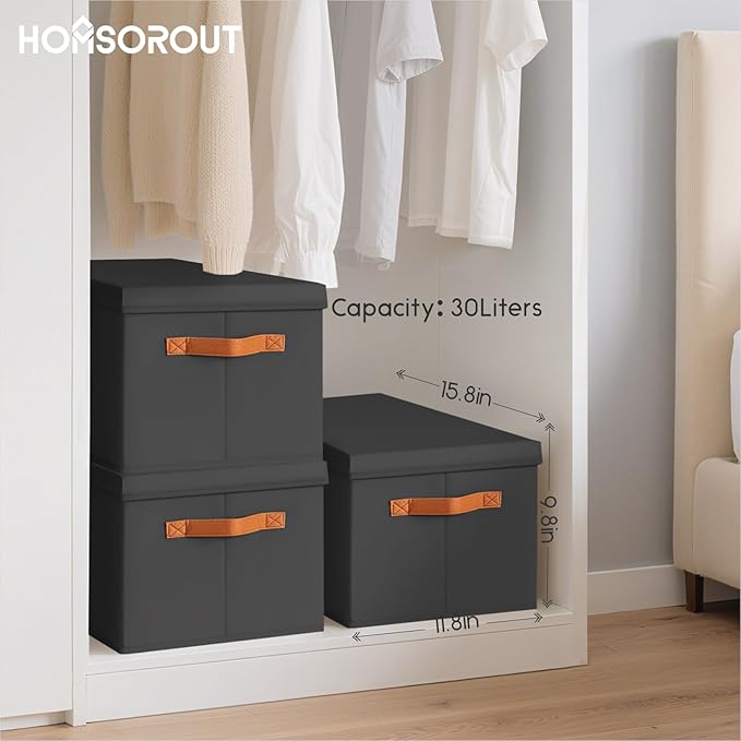 Homsorout Storage Bins with Lids - Large Fabric Closet Bins with Lid, 8 Pack Clothes Organizers and Storage, Collapsible Stackable Cube Basket for Home, Office, Dorm, Black