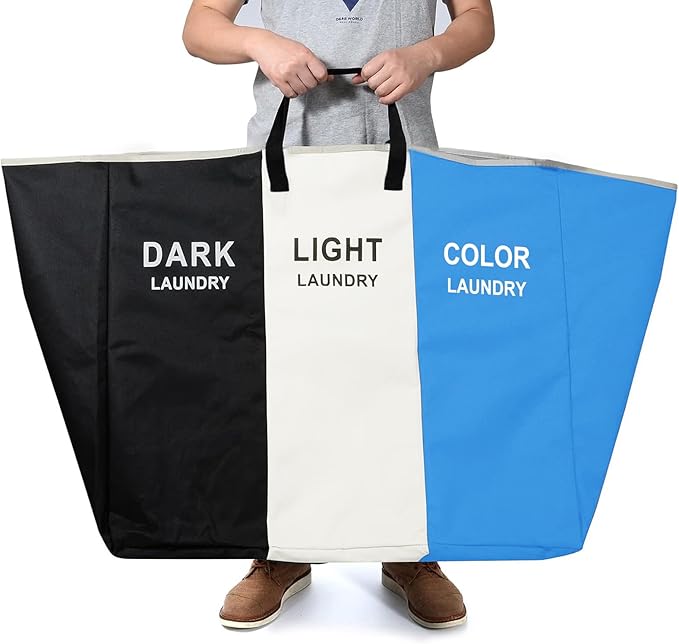 168L Laundry Hamper, Large Blanket Storage Basket Sorter 3 Section Bag Organizer for Dirty Clothes - Toys - Towel,15 X 23 X 28 inch Heavy Duty Laundry Cart Baskets (Black white blue bag)