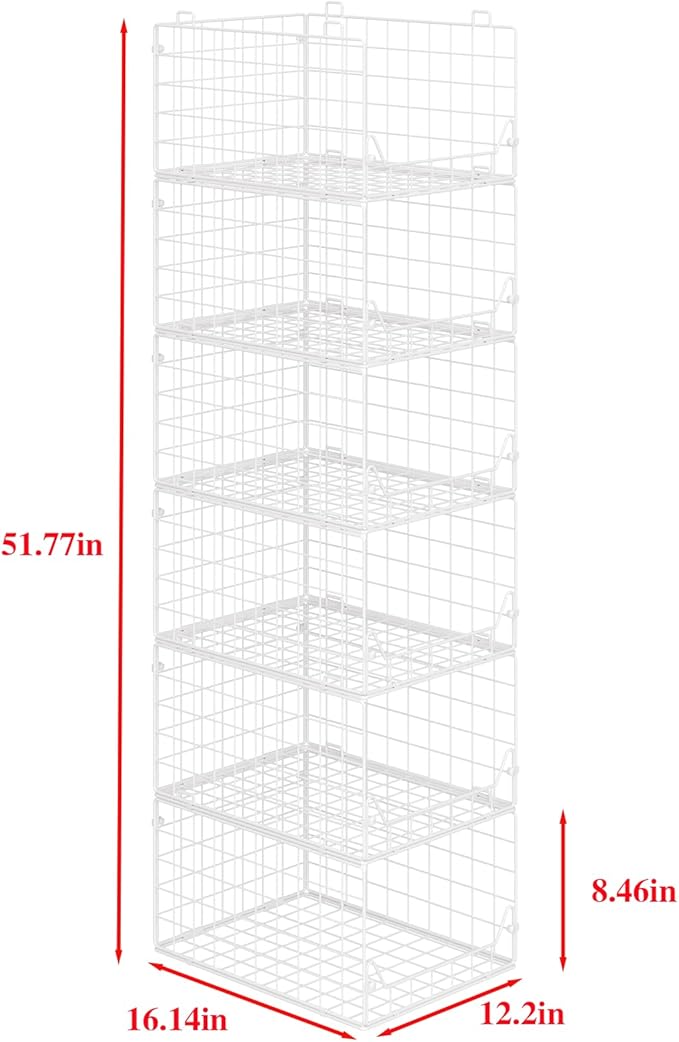 Jakyitvi 6-Tier Closet Shelf Organizer,Metal Stackable Closet Organizers and Storage,Clothes Storage Bins,Shelf Organizer Basket ,Folded Shelf Organizer for Closet Wardrobe,White
