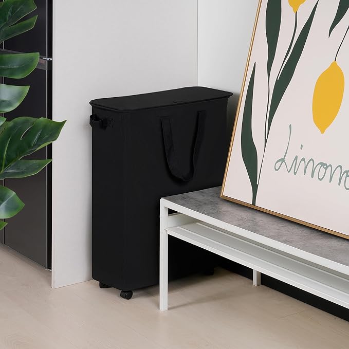 Vincona Slim Laundry Hamper with Lid and Wheels, Small Rolling Laundry Basket with Handle for Small Spaces, Tall Dirty Clothes Hampers for Dorm, Bathroom and Bedroom, 75L Black