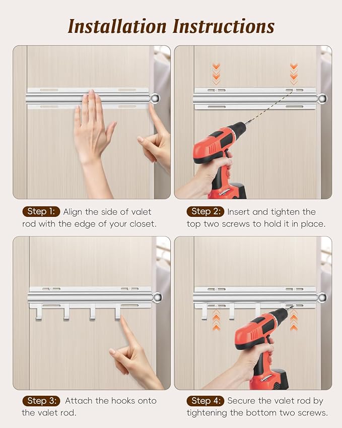 Supforce Valet Rod for Closets, 12" Valet Rod With 4 Hooks, Closet Organizer Slide Out Clothing Hanger Rods Extender Perfect for Suits,Dresses,Belt,Tie, White