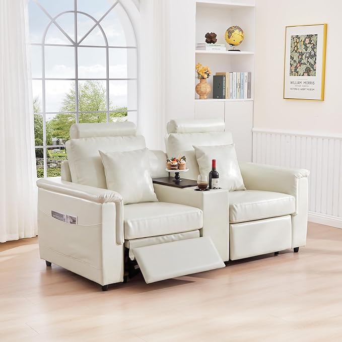 LEVNARY 2-Seater Modular Reclining Sofa with Center Console, Upholstered Faux Leather Power Recliner Loveseat with Cup Holders, USB Charging, Side Pockets & 2 Pillows, Living Room Furniture (White)