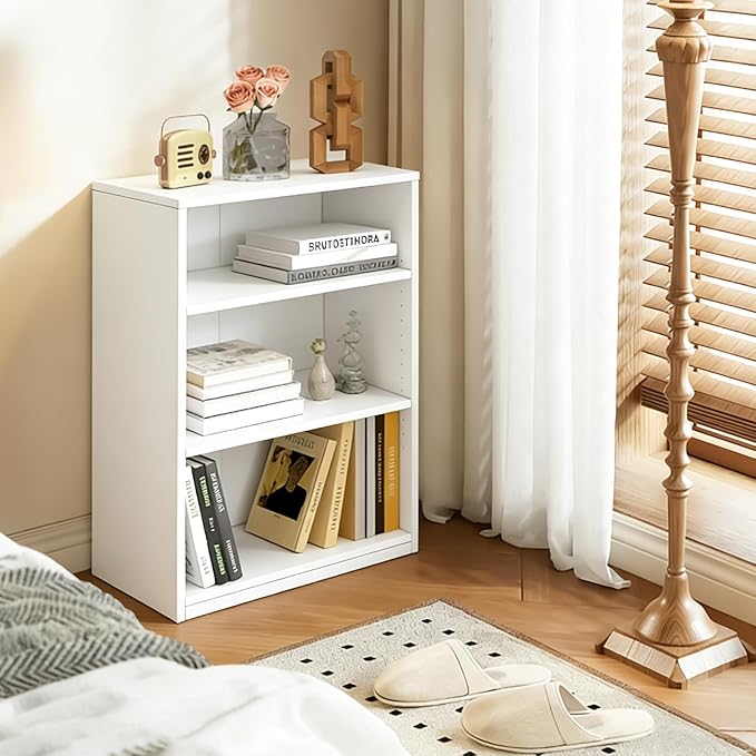 CTESNE【2026 Adjustable Shelves 3-Tier Bookcase, 71 inches, Wooden Open Display Floor Bookshelf (White)