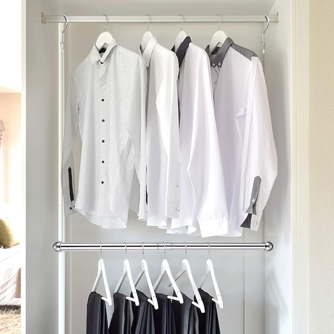 2 Pieces Hanging Closet Rod, Adjustable Width and Height, Clothes Hanging Bar Closet Organizer Rod Double Closet Rod Poles for Hanging Clothes Indoor Outdoor Closet Space-Saving (Stainless Steel)