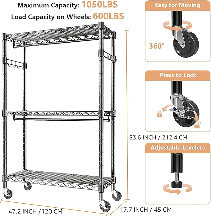 M MZG Heavy Duty Rolling Garment Rack 3 Tiers Adjustable Wire Shelving Clothes Rack with 2 Rods and Side Hooks, Storage Closet Clothing Rack with Wheels Black 17.7" D x 47.2" W x 83.6" H