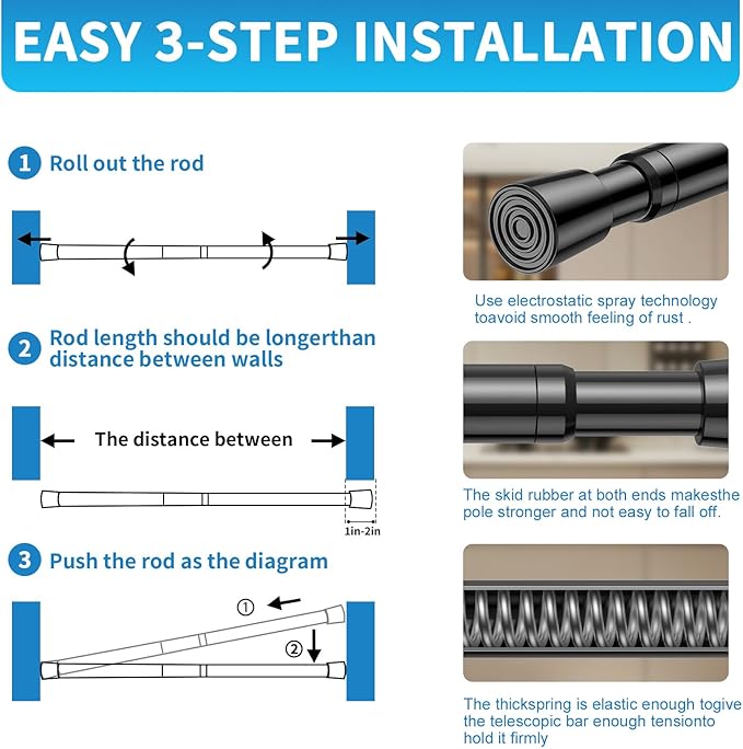 AIZESI 4 Pack Tension Rods for Windows 26.5 to 36 inch, Adjustable Expandable Pressure Spring Curtain Rods No Drilling, Curtain Rods for Kitchen Curtains, Closet, Door, Black