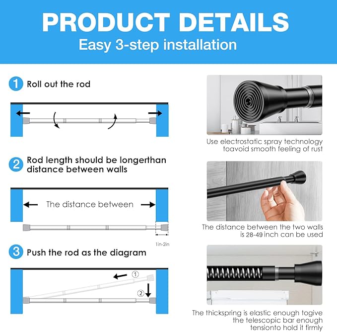 1 Pack Spring Tension Rods 28-49IN, 7/8 Inch Diameter Black No Drill Spring Loaded Adjustable Extendable, Small Short Tension Curtain Rod for Windows Kitchen Doorway Closet Cupboard