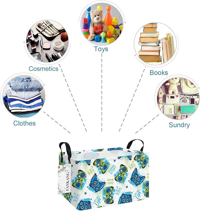 FANKANG Storage Bins,Nursery Hamper Canvas Laundry Basket Foldable with Waterproof PE Coating Storage Baskets for Boys and Girls, Office, Bedroom, Clothes,Toys(Rec-Game )