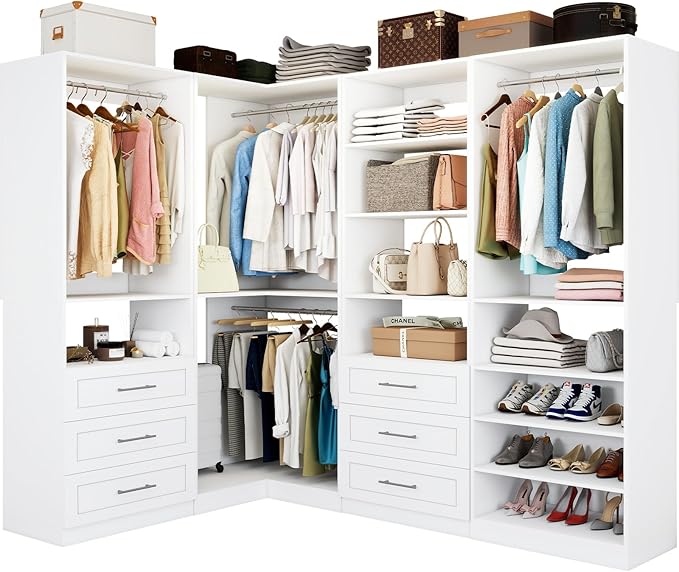 Vomavex Closet System with 4 sets, 101.9" Closet Organizer Systems with 6 Drawers & 8 Hanging Rods & Adjustable Shelves, Walk in Closet Standing Closet System, Corner Closet System Set, White