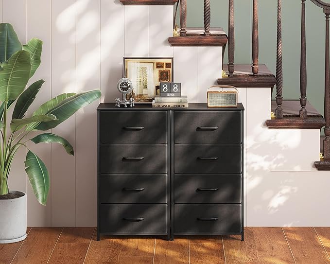 AODK Dresser for Bedroom with 4 Storage Drawers, Small Dressers Chest of Drawers Fabric Dresser with Sturdy Steel Frame, Black