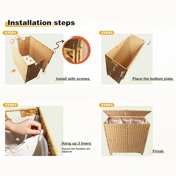 180 L Wicker Laundry Hamper with Lid 3 Section, Extra Large HandWoven Synthetic Rattan Wicker Laundry Basket with Removable Liner Bags for Bedroom Bathroom, Dirty Clothes Hampers Woven Foldable