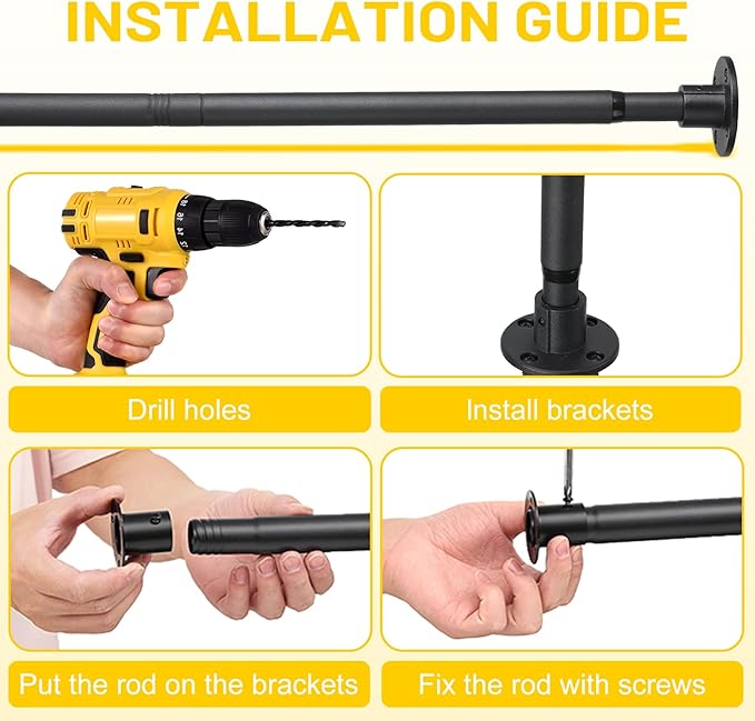 Closet Rod, 30 to 92 inch Adjustable Closet Rods for Hanging Clothes, Heavy Duty Closet Hanging Rod, Black Closet Hanger Poles, Metal Closet Hanging Bar for Wardrobes Laundry, Drilling Installation