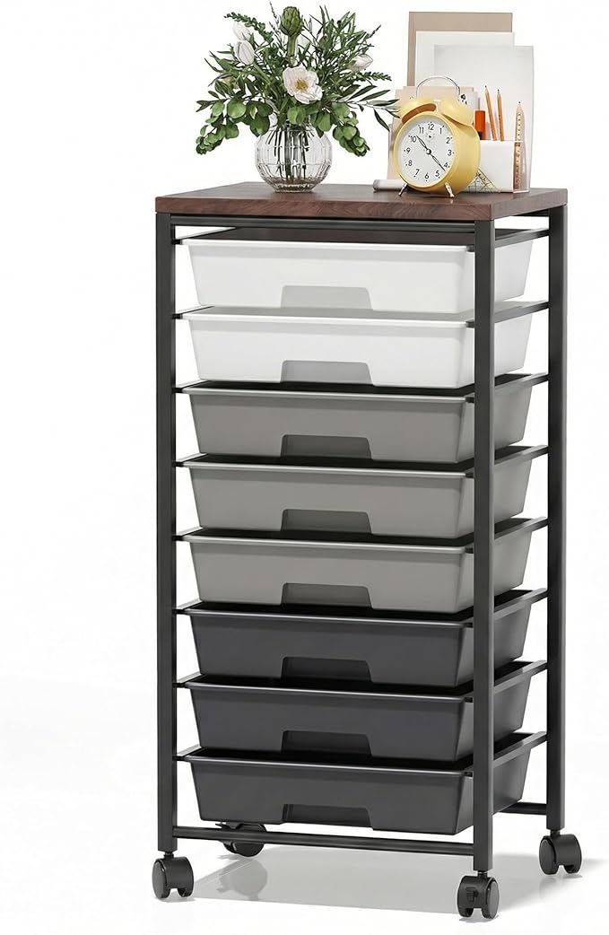 Rolling Cart with 8 Drawers, Storage Drawers Cart with Wooden Tabletop and Lockable Wheels, Craft Storage for Living Room, Office, Classroom, Craft Room, Bedroom (Gray)