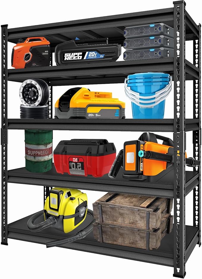 Metal Heavy Duty Garage Shelves: 48''W 3,000Lbs Steel Adjustable Storage Industrial Utility Shelving Rack Units 5 Tier Black 48" W x 24" D x 78" H