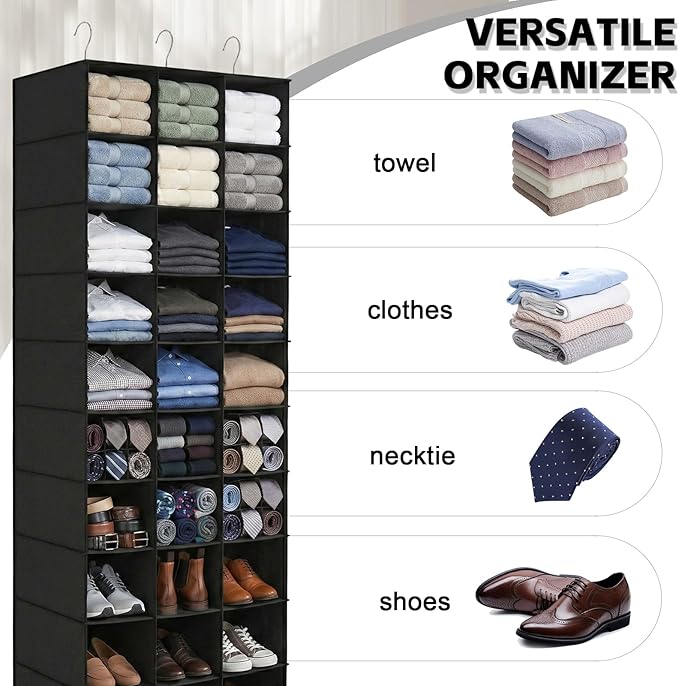 coastal rose Hanging Shoe Organizer for Closet, 30 Sections Hanging Closet Organizers and Storage Shelves, Space Saving Hanging Shoe Storage, Black, 17''W×11.5''Dx 48''H