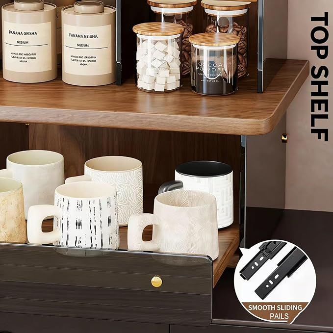 Acrylic Coffee Cup Display Shelf, Multi-Layer Countertop Mug Organizer with Pull-Out Drawer, Retro Water-Ripple Design, 2-Tier Storage Rack for Kitchen, Coffee Bar (Original Wood with Acrylic)