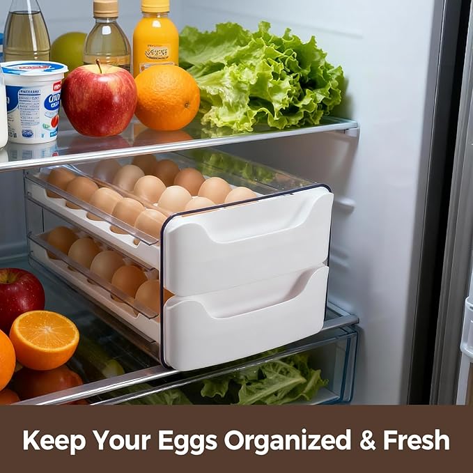 36-Egg-Holder for Fridge, Egg-Storage for Refrigerator Countertop, 2 Tier Dispenser with Drawer, Stackable Clear Egg Tray Container, Egg Organizer, Fits Large Eggs, White