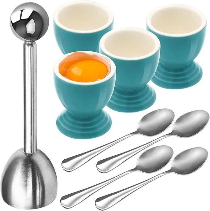 Colorful Soft Boiled Eggs Cups Set, 4 Ceramic Egg Stands and 1 Stainless Steel Egg Cutter, 4 Perfect Egg Spoons for Kitchen and Breakfast Host(Caribbean)
