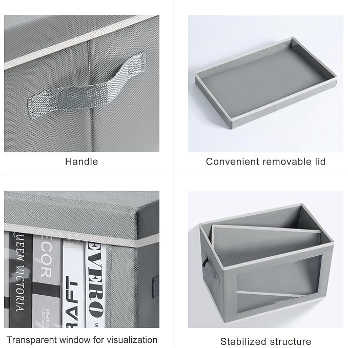 Homsorout Decorative Bins with Lids - Stackable Cube Bins for Closet, 3 Pack Clear Windows Fabric Organizer Bins, Home Organizers and Storage for Clothes, CD, Towels, Grey