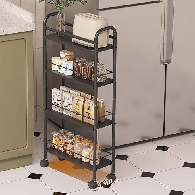 Asgolion Slim Storage Cart, 4-Tier Small Rolling Cart with Wheels, 5.9" Deep, Narrow Bathroom Shelf Trolley for Kitchen, Bathroom, Laundry Room, Black Standard 4-Tier (5.9" W x 33.6" H)