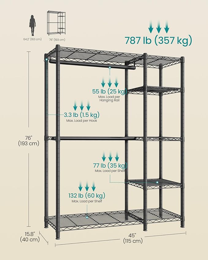 SONGMICS Clothing Rack, Heavy-Duty Garment Rack with Adjustable Storage Shelves and Hanging Rails, Hooks, Freestanding Portable Wardrobe Closet, Ink Black ULGR426BH01S