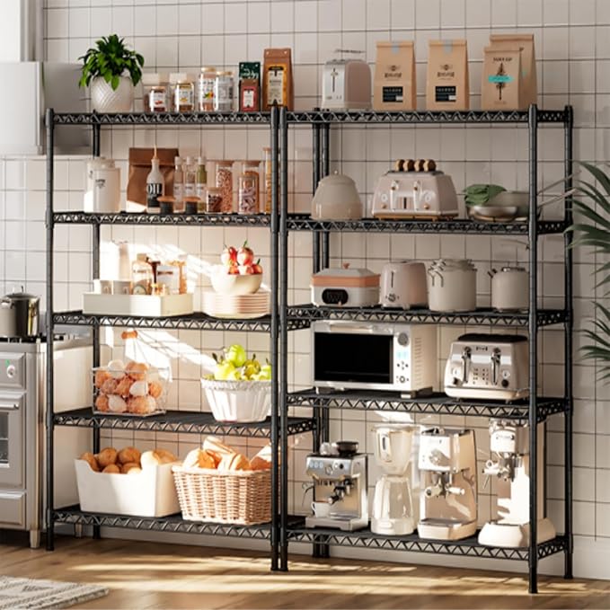 REIBII 72''H Metal shelving 5 Tire Storage Shelves for Garage Shelving Adjustable Wire Shelving Rack Heavy Duty Shelving Unit for Garage, Kitchen, Pantry, Laundry Room, Commercial, 72''H X36''W X14''D