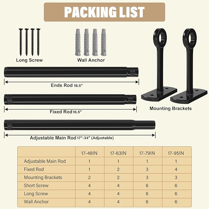 Closet Rods for Hanging Clothes Ceiling or Wall Mounted, 17-63 Inch Closet Rod Heavy-Duty Stepless Telescopic Clothes Hanging Rod for Closet Kitchen Laundry Room Living Room Balcony (Black)
