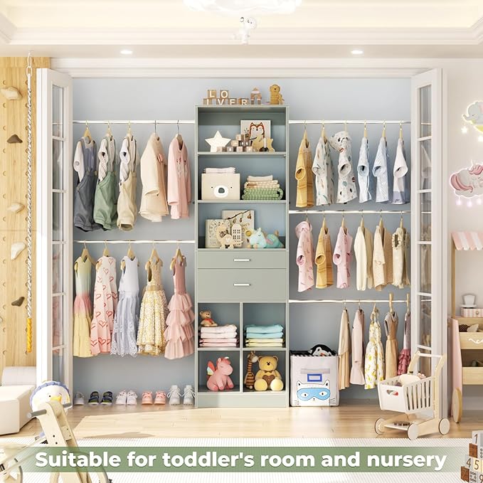 Besiost Closet System, 4-8 FT Closet Organizer Tower with 2 Wooden Drawers and Shelves, Can Fit 60 to 96 inch Walk-in Closet System with 5 Hang Rods, Built-in, Crab Green