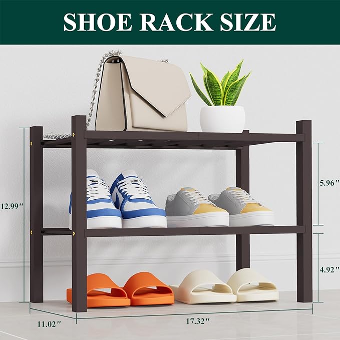 Smiry Shoe Rack, 2 Tier Thick Small Bamboo Shoe Organizer, Stackable Free Standing Wooden Shoe Storage Shelf for Closet, Entryway, Front Door Entrance, Brown