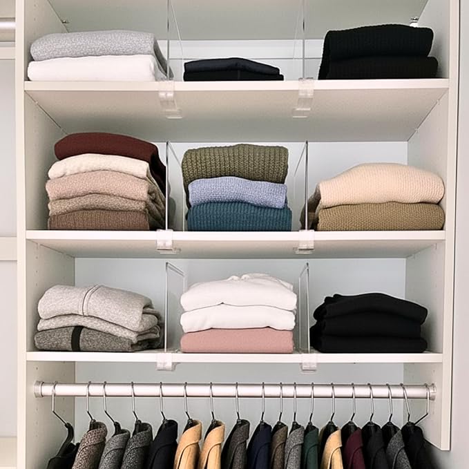 SortNStore Shelf Dividers Purse Organizer for Closet: 6-pack Acrylic Bag Storage Organizer for Handbags, Clutches, Clothes, Sweater, Towel on Wood Shelves