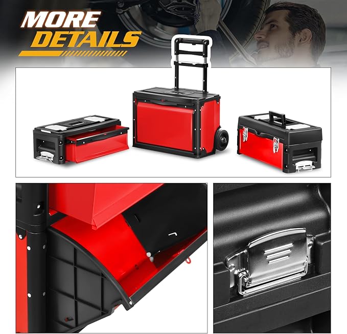 Magshion Heavy-Duty Rolling Tool Box, 3-Tier Stackable Tool Chest System with Wheels & Drawers, Modular Organizer for Small Parts and Tools, Mobile Garage Workshop Storage in Black/Red