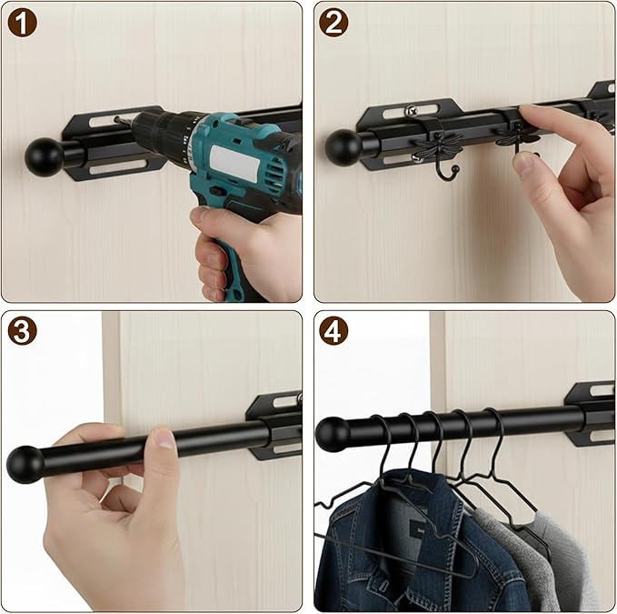 12" Valet Rod for Closet Pull Out with 4 Dragonfly-shaped Hooks, Black