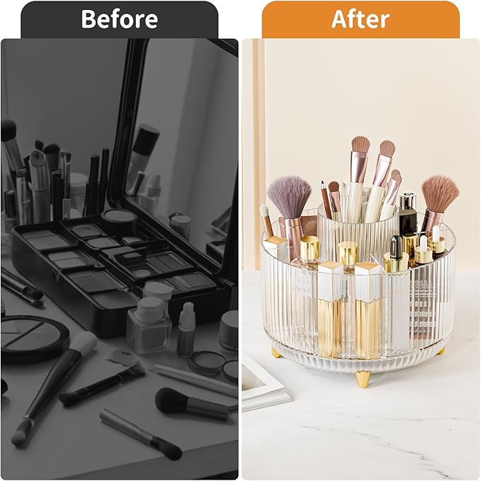 Clear Rotating Makeup Organizer Countertop for Vanity, 360° Makeup Brush Holder Organizer with 5 Compartments, Transparent Cosmetic Storage for Lipstick, Skincare, Bathroom Counter(Transparent)