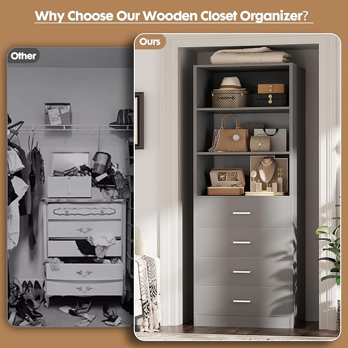 Aheaplus Closet Drawers Organizer System, 21.3" Wood Closet System with 4 Drawers, Modular Walk-in Closets Storage Unit, Tall Bookshelf Storage Cabinet, Grey